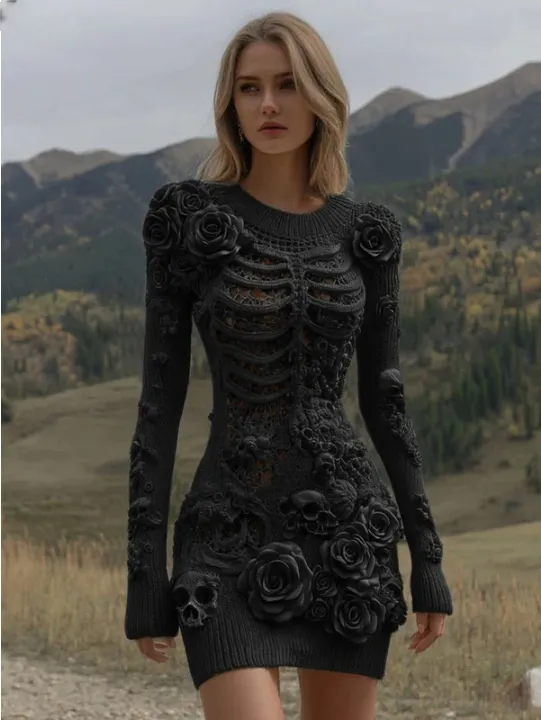 3D Printed Masson Round Neck Pullover Dress With Floral Patterns - Floral