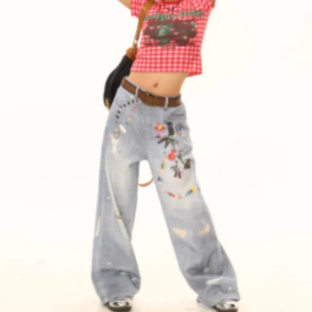 American style Washed Chain Print Loose fitting Jeans For Women Blue - Shop at LoveMi