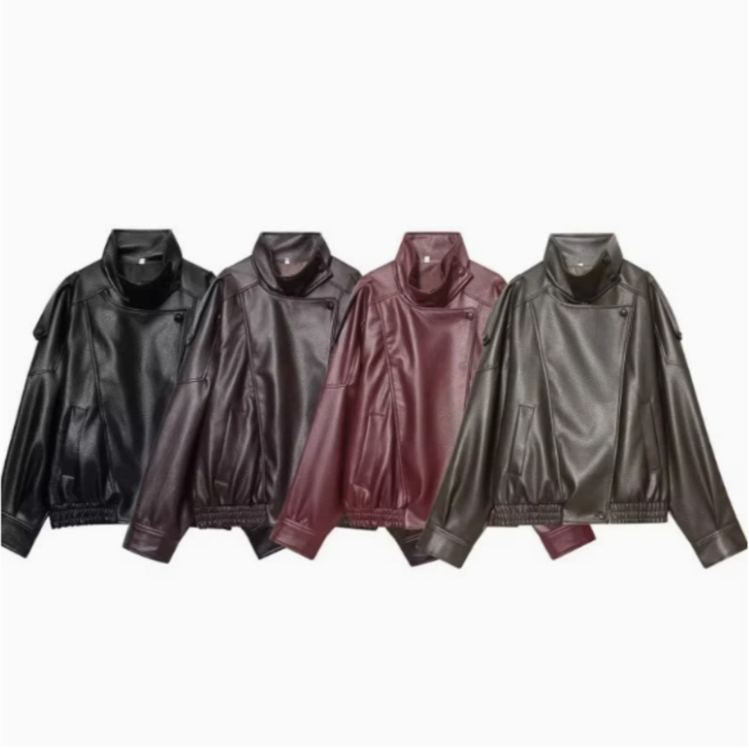 Womens Fashion Faux-leather Jacket With A Stand-up Collar From Europe And The US
