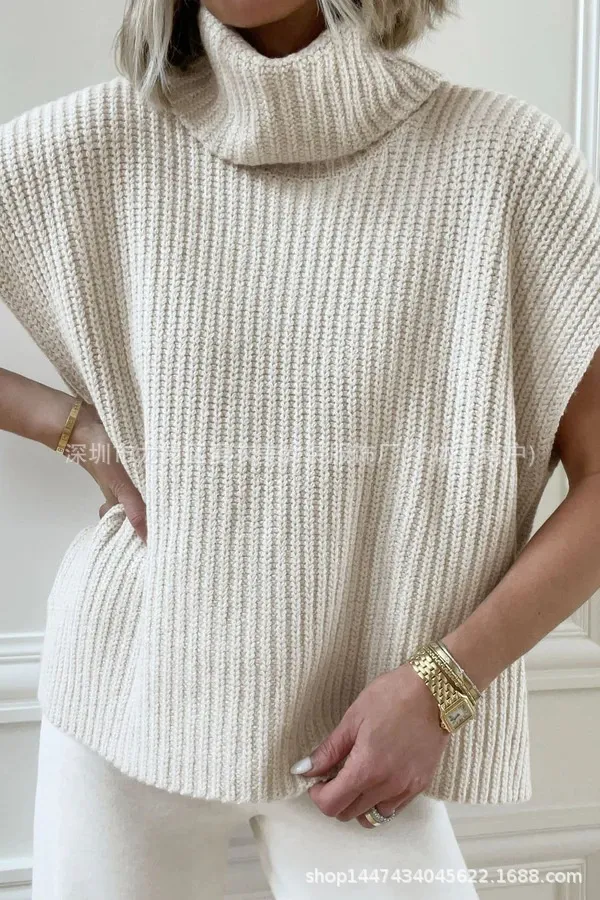 Womens Loose Fit Knitted Turtleneck Outerwear All Match Top - Apricot