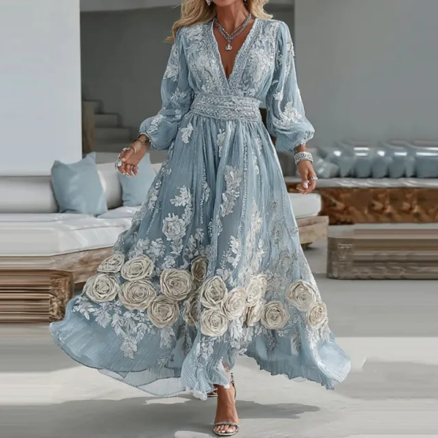 Womens Stylish And Elegant Floral Long sleeve Dress Blue - Shop at LoveMi