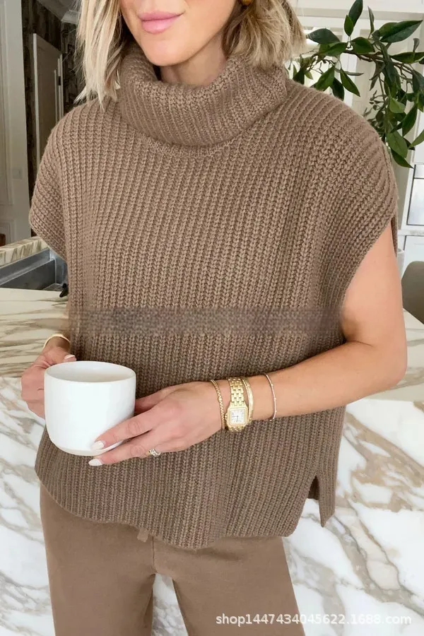 Womens Loose Fit Knitted Turtleneck Outerwear All Match Top Brown - Shop at LoveMi