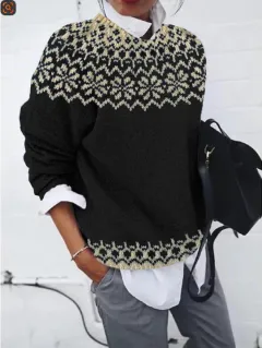 Womens Loose Fashionable Crew-neck Knit Sweater - Wysale7362-S - View 1