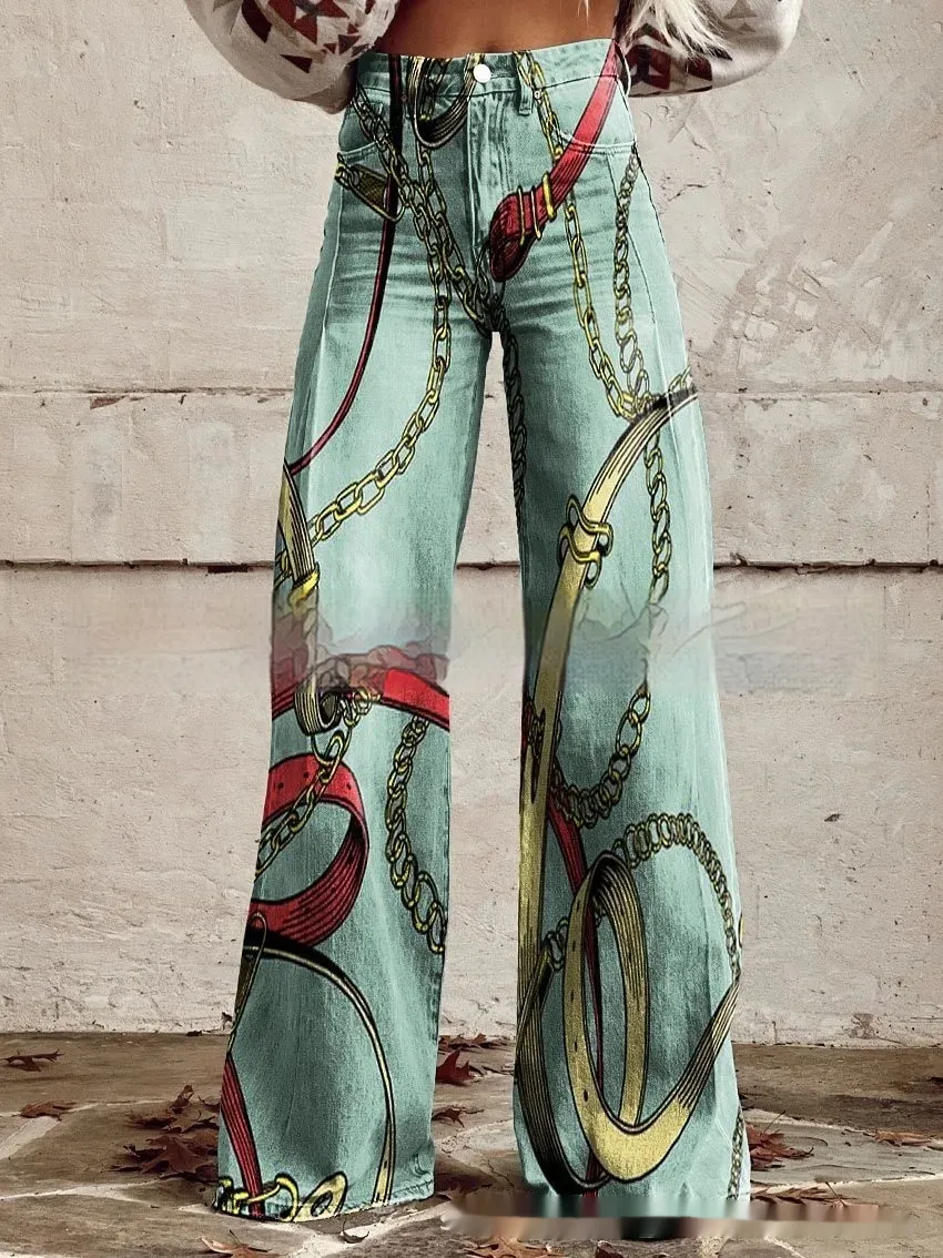 Flared Jeans Loose-fit Denim Pants With A Retro Print - Red
