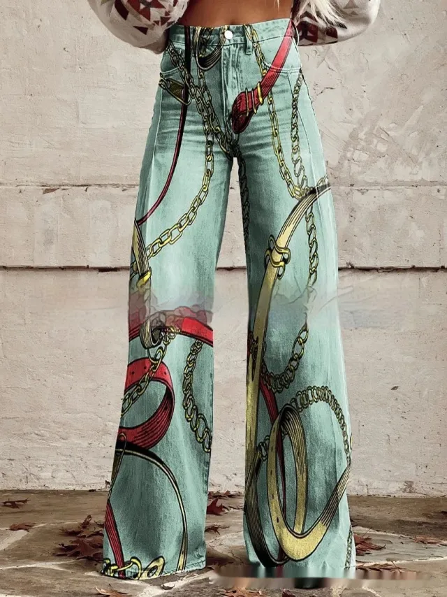 Flared Jeans Loose fit Denim Pants With A Retro Print Red - Shop at LoveMi