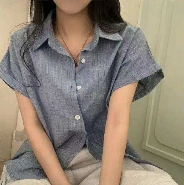 Womens Loose Korean Style Retro Color Block Plaid Short Sleeve Shirt Blue - Shop at LoveMi