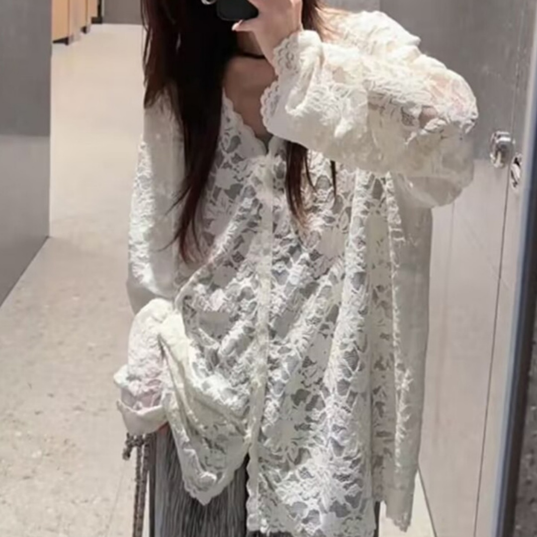 Womens V-neck Hollow-Out Crochet Long-Sleeve Lace Shirt