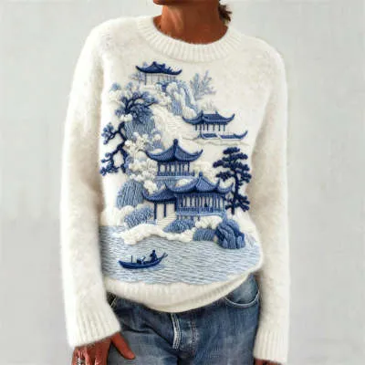 Thick Needle Digital Printing 3D Round Neck Sweater - White