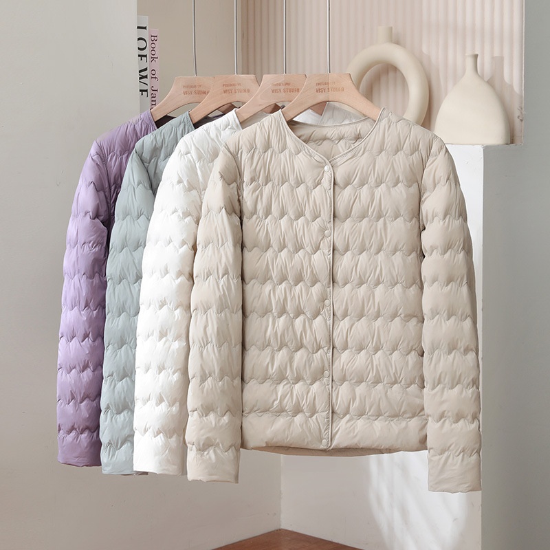 Womens Short Puff Jacket With A Ruffled Crew Neck