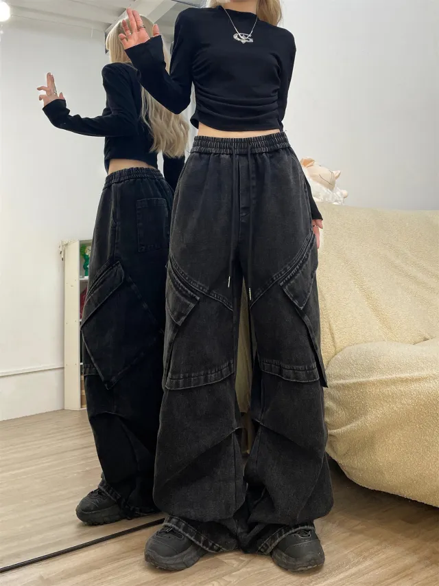 New Womens American Style Retro Workwear Jeans With A Thick Wide Leg Design Black - Shop at LoveMi