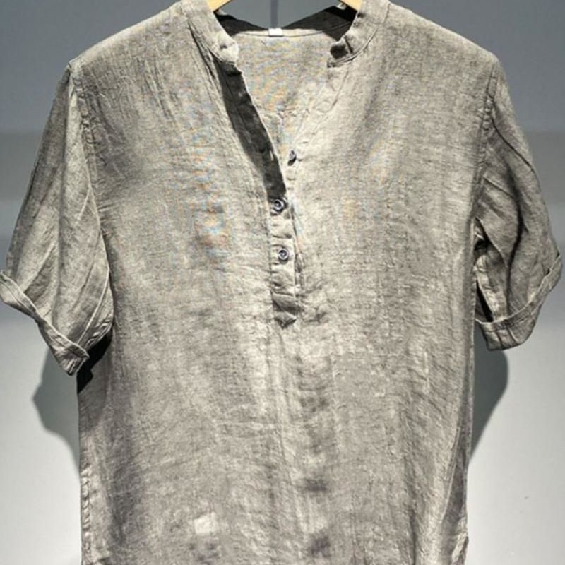 American-style Vintage Linen Crew-neck Short-sleeve Shirt