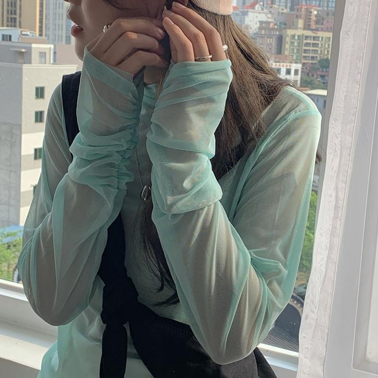 Womens Solid-Color High-Neck Thin All-Match T-Shirt