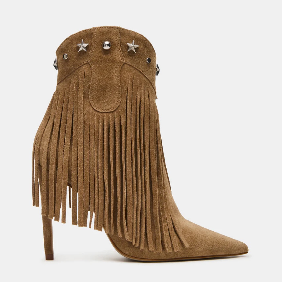 Fringed Studded High-heeled Pointed-toe Ankle Boots With A Side Zipper