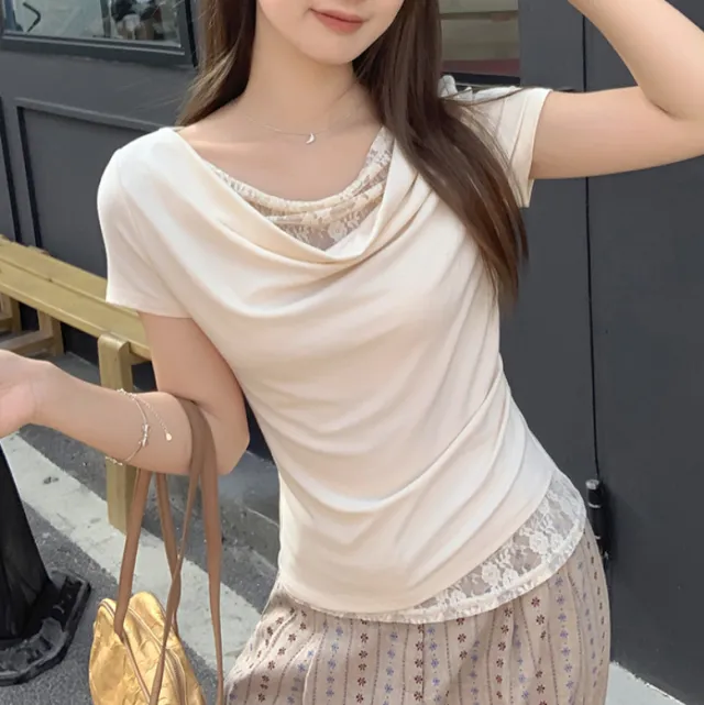 Korean Style Lace Stitching Swing Collar Off shoulder Short Sleeve T shirt White - Shop at LoveMi