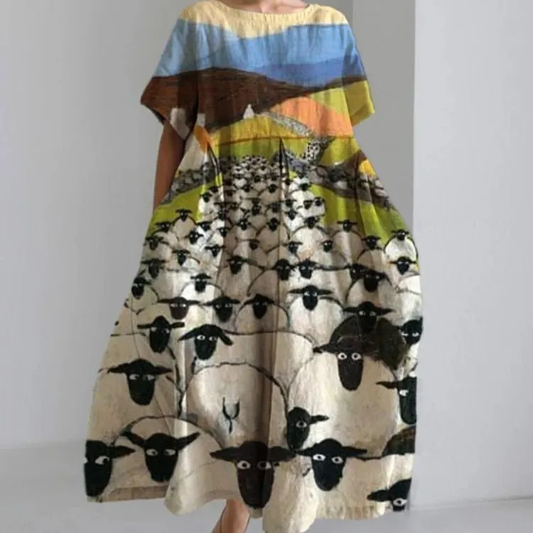 Womens Western-style Floral And Animal-print Round-neck Short-sleeve Dress - Floral