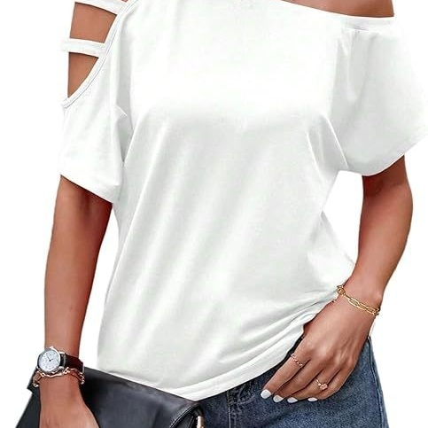 Womens Fashionable New Off-shoulder Asymmetrical Hollow-out Casual Short-sleeve Top