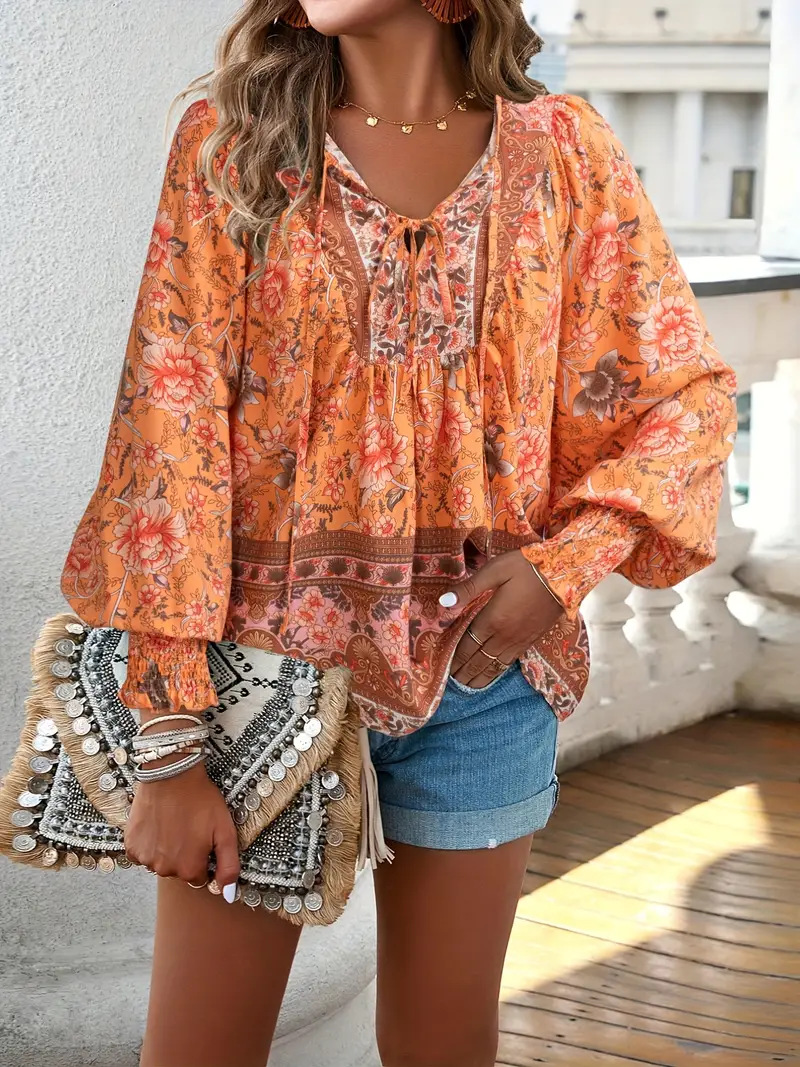 Bohemian Vacation Style Printed V neck Lace up Long Sleeve Top Orange - Shop at LoveMi