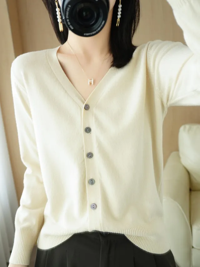 Cardigan V neck Sweater Loose Bottoming Sweater Beige - Shop at LoveMi