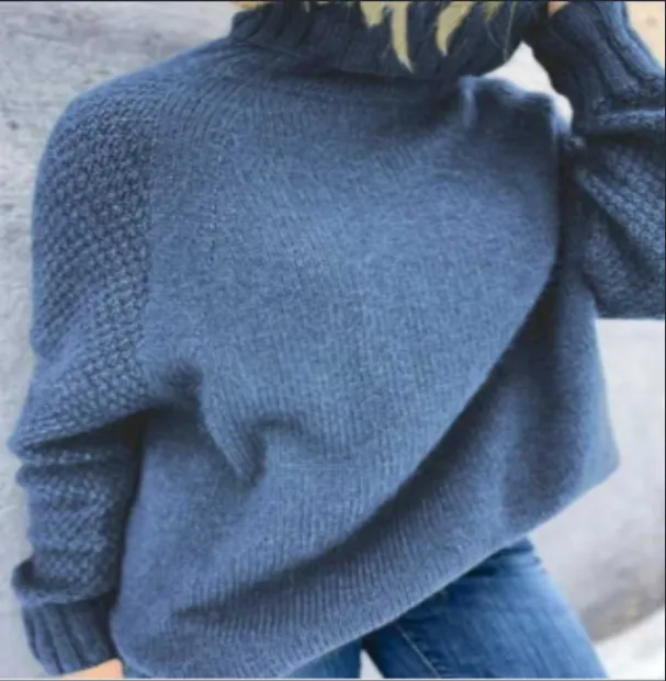 Solid Color High Collar Loose Pullover Long Sleeve Sweater Navy - Shop at LoveMi