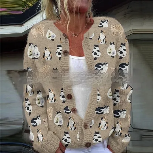 Womens All-Match Printed Knitted Faux Sweater Fabric Cardigan For FallWinter - 21Color-5Xl