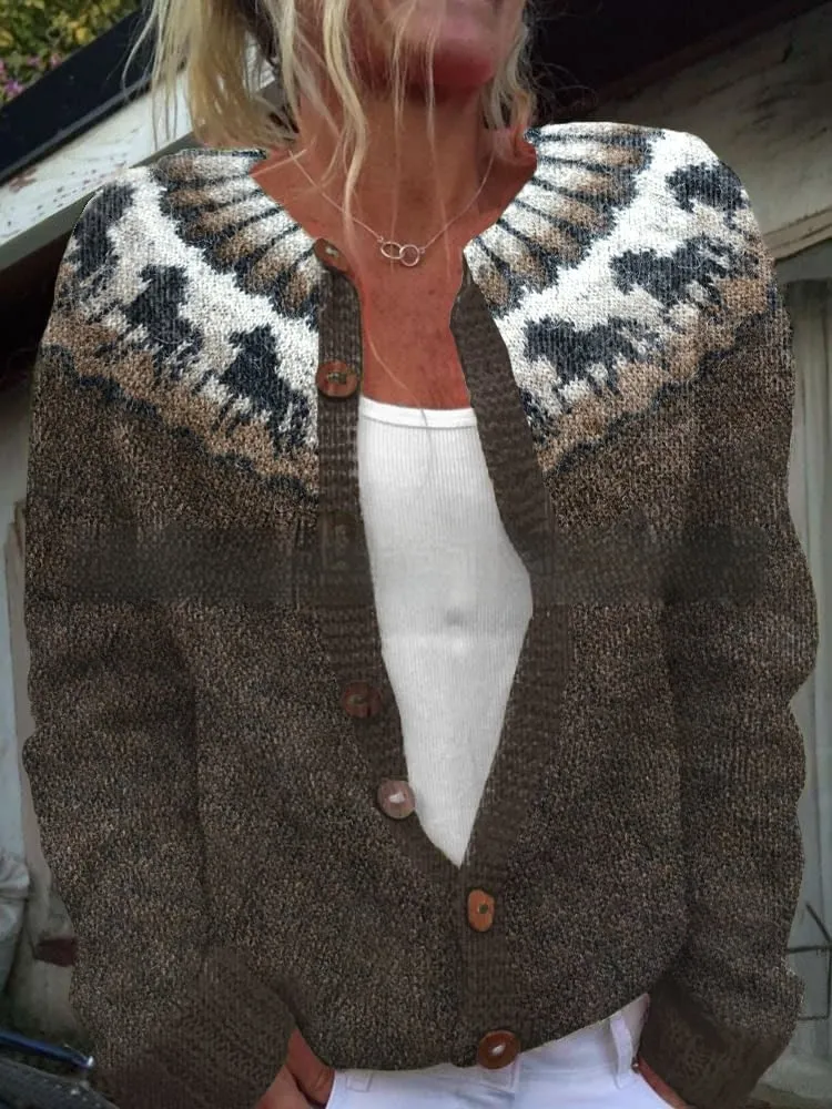 Womens All-Match Printed Knitted Faux Sweater Fabric Cardigan For FallWinter - 26Color-L