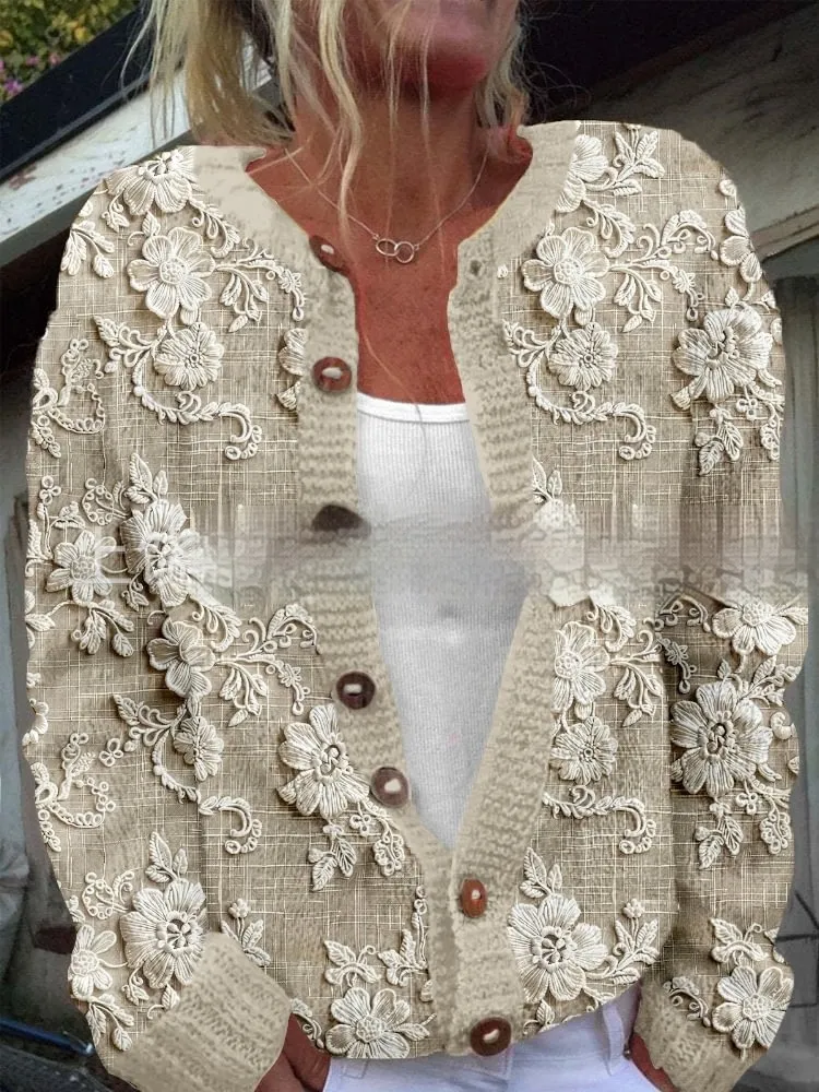Womens All-Match Printed Knitted Faux Sweater Fabric Cardigan For FallWinter - 25Color-M