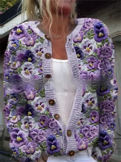 Womens All-Match Printed Knitted Faux Sweater Fabric Cardigan For FallWinter - 27Color-Xxl - View 1