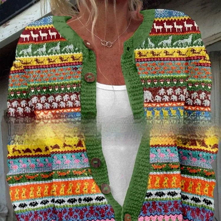Womens All-Match Printed Knitted Faux Sweater Fabric Cardigan For FallWinter - 19Color-5Xl