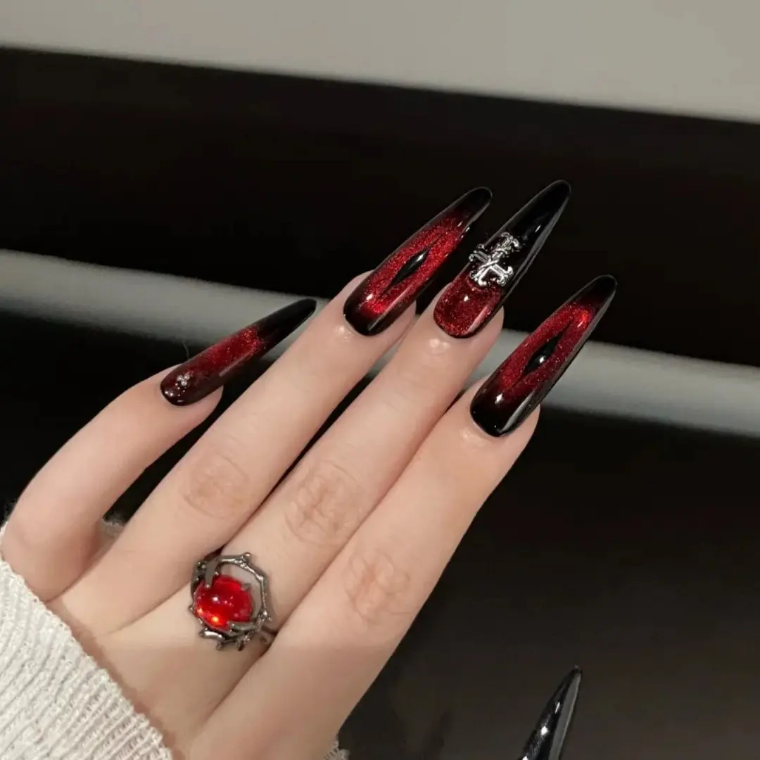 Handcrafted Wearable Nails In A Luxe, Dark Red Cat-eye Finish With A High-end, Edgy Vibe