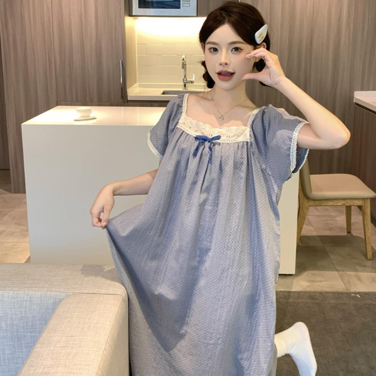 Haze-Blue Summer Short-Sleeve Long Dress Pajamas Loungewear