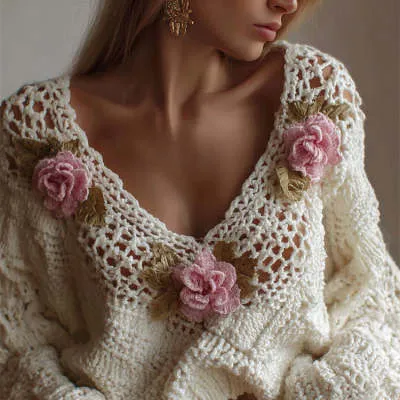 Printed Women's Round Neck Long Sleeve Vintage Bohemian Top - Cream