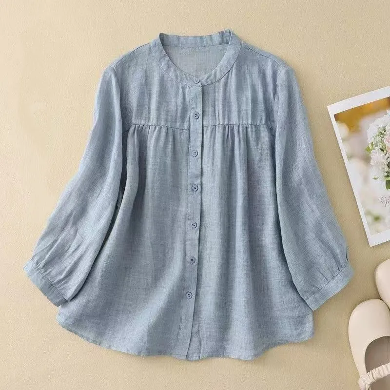 Casual Relaxed-fit Artistic Three-quarter-length Solid-color Shirt - Blue