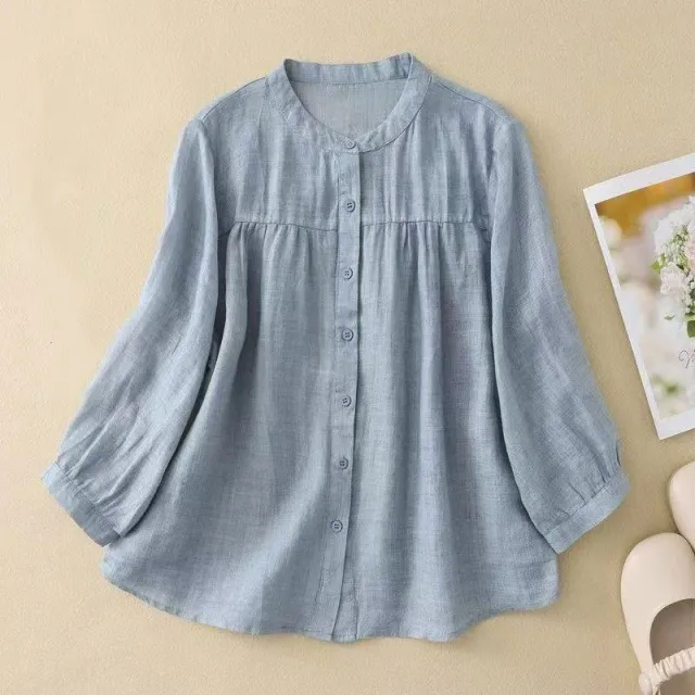 Casual Relaxed fit Artistic Three quarter length Solid color Shirt Blue - Shop at LoveMi