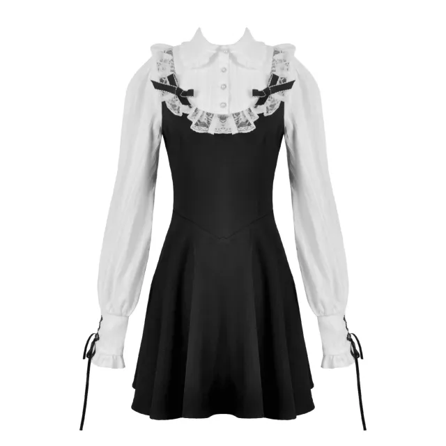 Gothic Dark Cute Lace Black And White Long sleeved Dress Black - Shop at LoveMi