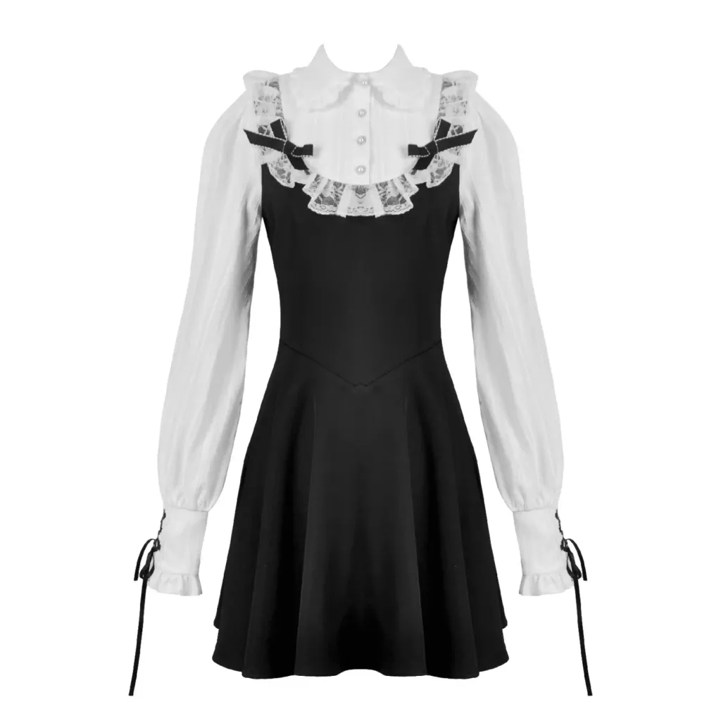 Gothic Dark Cute Lace Black And White Long-sleeved Dress - White