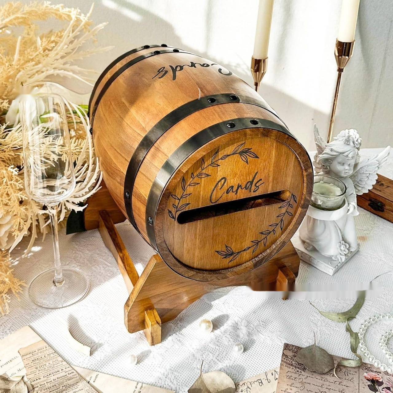 Wooden Wine Barrel Shaped Mailbox Wedding Party Decor Wine Barrel Style Card Box