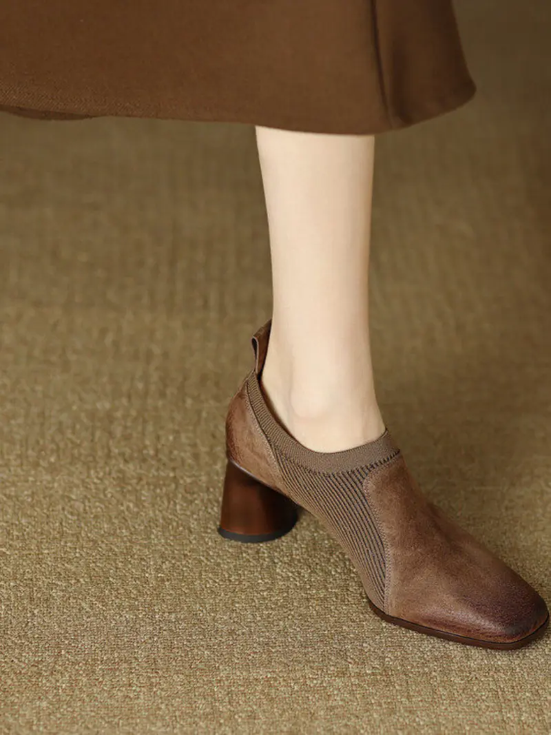 Black Square-toe High Heels Knitted Patchwork Design Deep V-shaped Vamp Chunky Heel Leather Slip-on