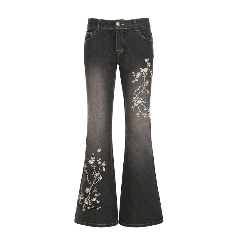 Ladies' Retro Slim Fit And Slimming Plant Embroidery Low Waisted Jeans - Black - View 1