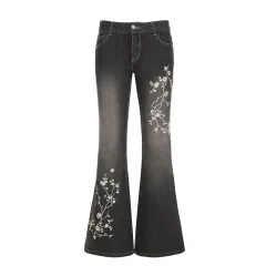 Ladies' Retro Slim Fit And Slimming Plant Embroidery Low Waisted Jeans - Black - View 1