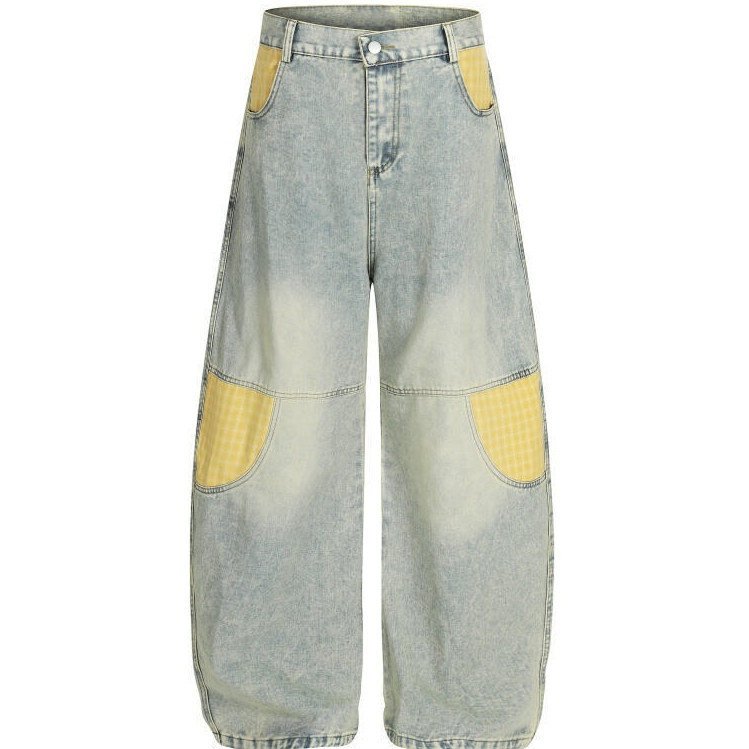 Mens Retro Plaid Patchwork Bootcut Jeans