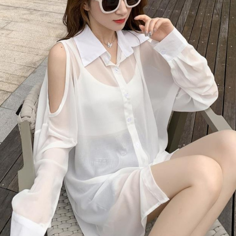 Womens Solid-Color Sun-Protective Off-Shoulder Shirt