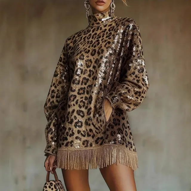 Metallic Brown Sequin High Neck Long Sleeve Tassel Design Cropped Dress With A Leopard Print Brown - Shop at LoveMi