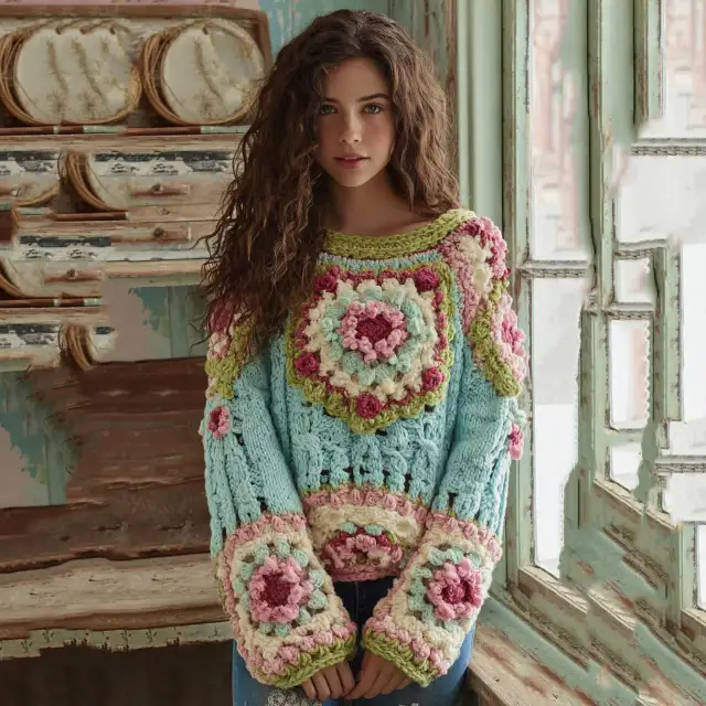 Little Flower Digital Printed Round Neck Sweater Blue - Shop at LoveMi