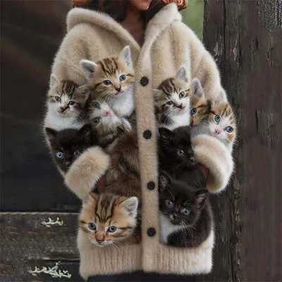 Womens Printed Cat Design Jacket Top Beige - Shop at LoveMi