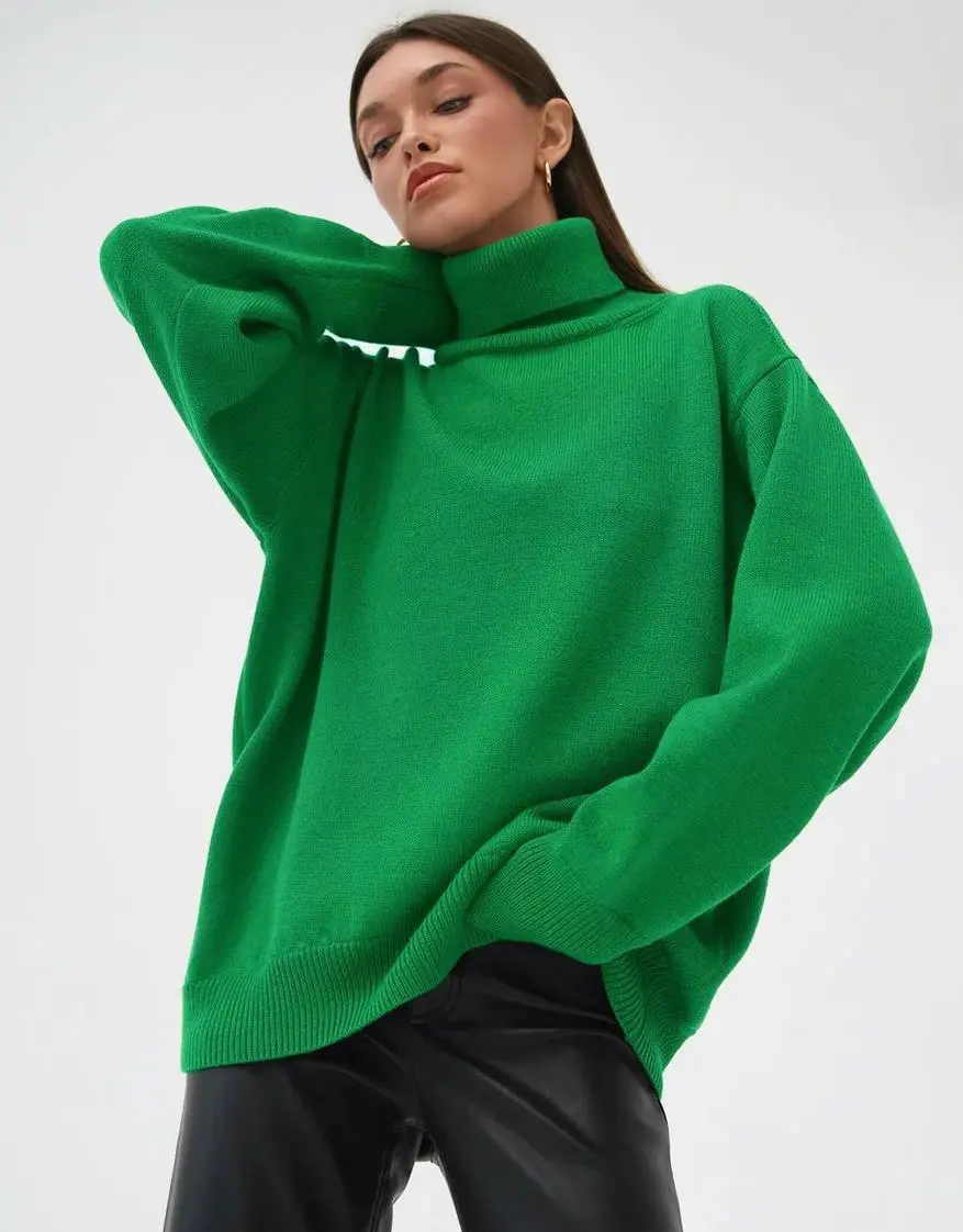 Women's Solid Color Pullover Knitted Sweater With High Neck - Green