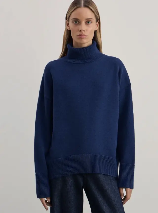 Women's Solid Color Pullover Knitted Sweater With High Neck Blue - Shop at LoveMi