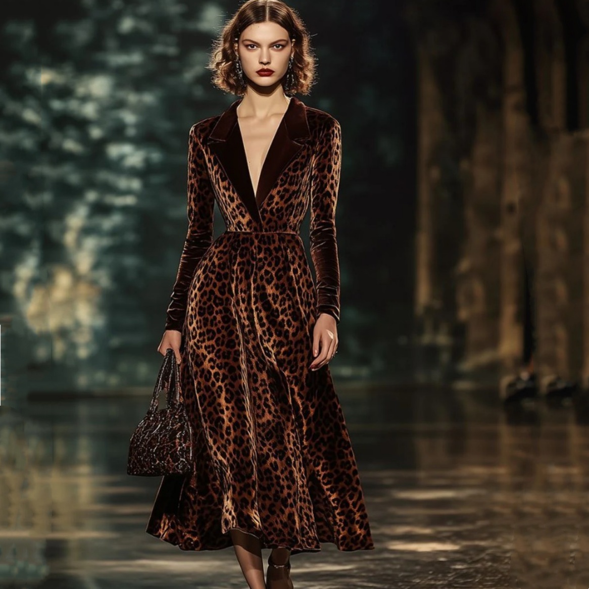 Retro Velvet Leopard-Print Colorblock Lapel Dress