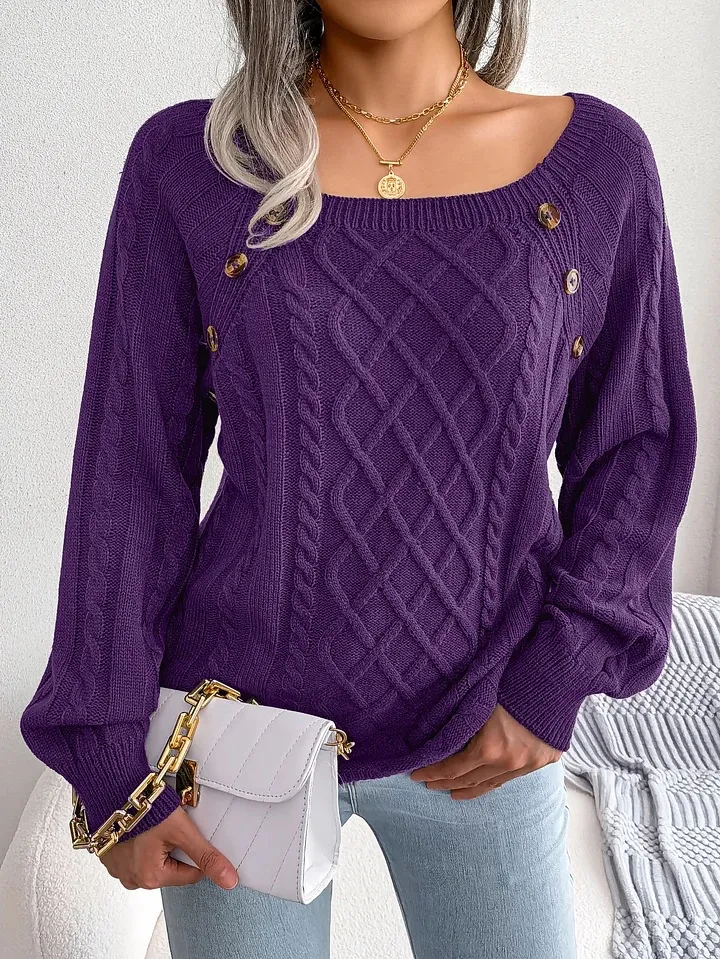 Women's Loose Casual Square Neck Sweater For Autumn And Winter - Purple