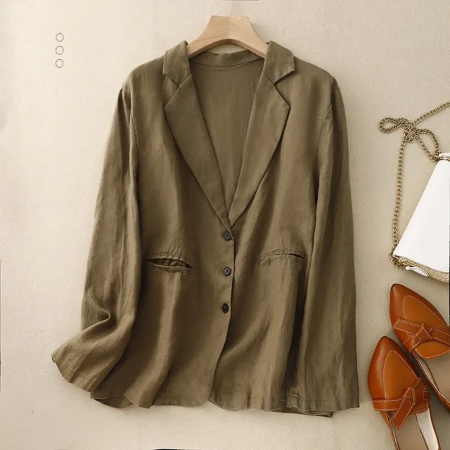 Womens Retro Casual Linen Blazer With A Notch Lapel For Layering Green - Shop at LoveMi
