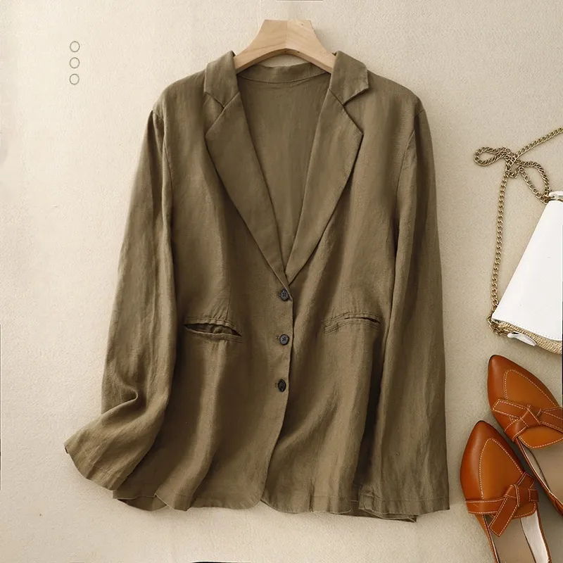 Womens Retro Casual Linen Blazer With A Notch Lapel For Layering - Green
